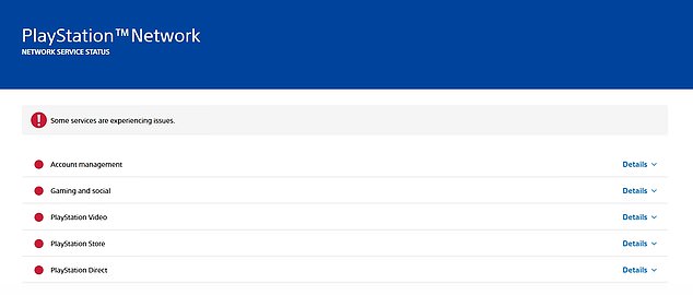 صفحه وضعیت PSN سونی مدیریت حساب ، بازی و اجتماعی ، فیلم پلی استیشن ، فروشگاه پلی استیشن و وب سایت PlayStation Direct را نشان می دهد و در حال حاضر با موضوعات سر و کار دارند
