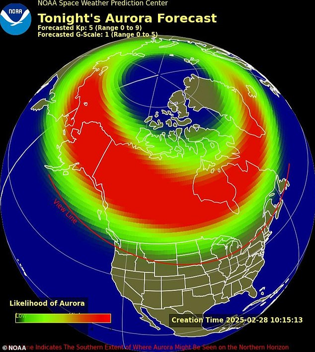 با توجه به اداره ملی اقیانوسی و جوی ایالات متحده (NOAA) ، قوی ترین احتمال دیدن شفق قطبی بر کانادا و آلاسکا وجود دارد