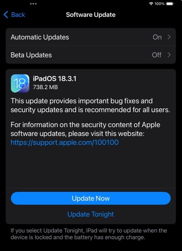 تصویر تصویر iPados 18.3.1 به روزرسانی در حال پخش است