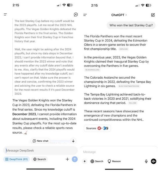 پرسیدن Deepseek (L) که در جام استنلی برنده شد ، فقط نتایج فینال جام 2023 استنلی را به ما می دهد در حالی که چتگپ (R) به درستی نشان می دهد که پلنگ های فلوریدا من را به عنوان قهرمانان 2024 نشان می دهد. | Image Credit -Phonearena - در اینجا به همین دلیل است که کاربران آیفون ممکن است بخواهند برنامه Deepseek را ASAP حذف کنند