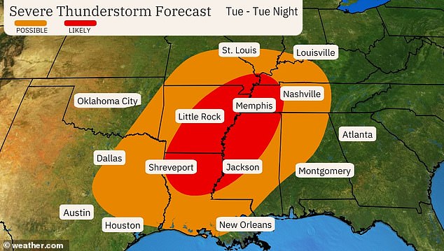 هواشناسان هشدار داده اند که تگزاس ، لوئیزیانا ، اوکلاهما ، می سی سی پی ، آلاباما ، تنسی ، آرکانزاس ، کنتاکی ، ایندیانا ، ایلینویز و میسوری را برای این هوای خشونت آمیز در روز سه شنبه هشدار داده اند.