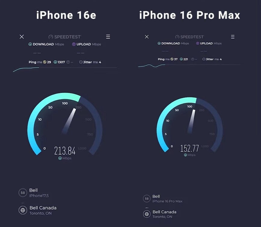 مودم C1 5G اپل در این تست سریعتر از مودم Snapdragon X71 5G است. | Image Credit -Dave2D - تست به طور قابل ملاحظه ای نشان می دهد مودم در آیفون 16E سریعتر از نمونه موجود در آیفون 16 Pro Max است