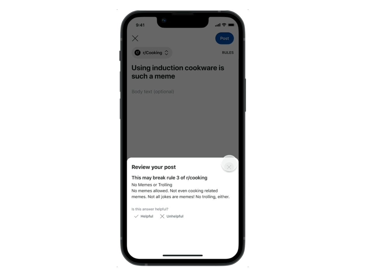 این برنامه به صورت پیشگیرانه به نقض قانون پرچم می زند. | اعتبار تصویر - Reddit - Reddit اکنون می داند که آیا پست شما قوانین را نقض می کند و بر این اساس به شما هشدار می دهد
