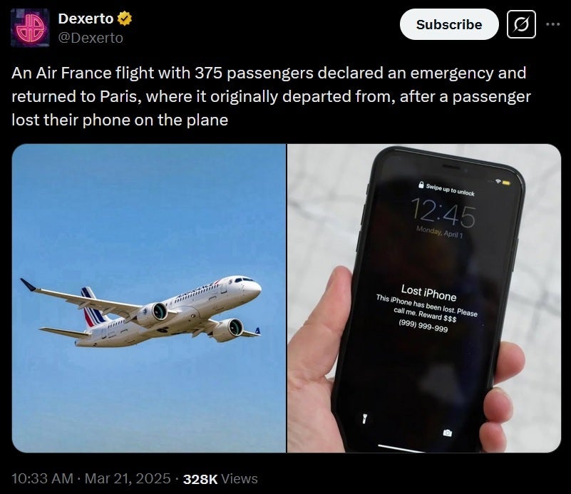 یک تلفن مفقود شده باعث شد پرواز ایر فرانسه پس از یک ساعت به پاریس برگردد. Image Credit -X - جت شلوغ Air France پس از از دست دادن مسافر تلفن هوشمند خود ، مجبور به بازگشت به پاریس شد