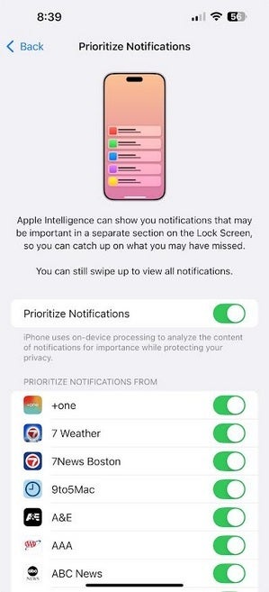 شما می توانید انتخاب کنید که کدام برنامه ها با بروزرسانی iOS 18.4 Beta 2 ، اعلان ها را در اولویت قرار می دهند. | Image Credit -Phonearena - آخرین iOS 18.4 بتا پر از ویژگی های عالی است که اکنون می توانید به آن دسترسی پیدا کنید