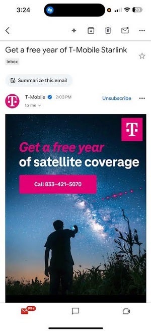 T-Mobile ایمیل هایی را به دنبال تبلیغ یک سال رایگان Starlink به کسانی که به T-Mobile تغییر می کنند ، ارسال می کند.