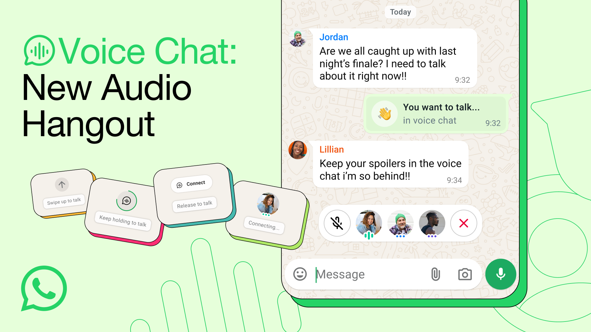 یک اینفوگرافیک تبلیغ می کند "چت صوتی: پاتوق صوتی جدید" برای WhatsApp ، نشان دادن حباب گفتار و رابط چت با تصاویر نمایه شرکت کنندگان.