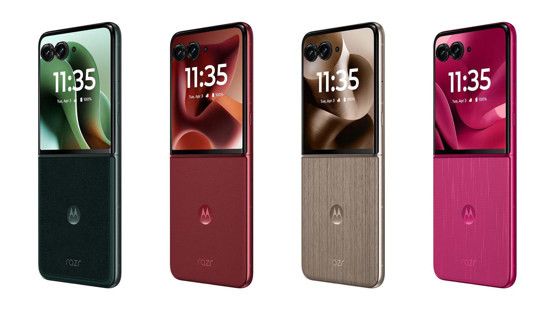 نمایش Motorola Razr Ultra (2025) در چهار رنگ شیک خود ، با طراحی براق و تاشو با دوربین های دوگانه و یک نمایشگر بیرونی پر جنب و جوش.