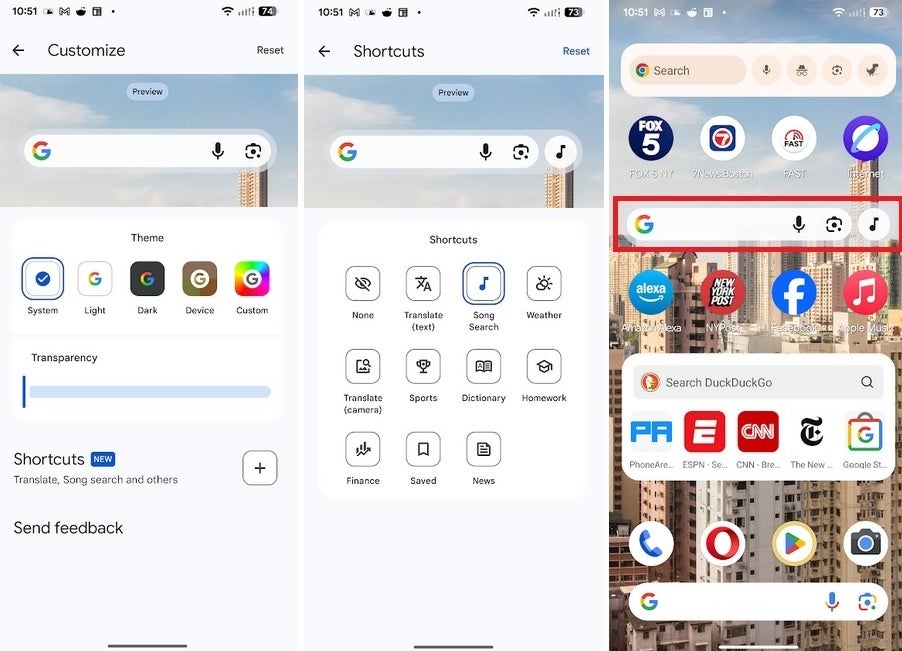 تصاویر نشان می دهد که چگونه می توان یک میانبر سفارشی را به ویجت جستجوی جدید Google برای Android اضافه کرد.