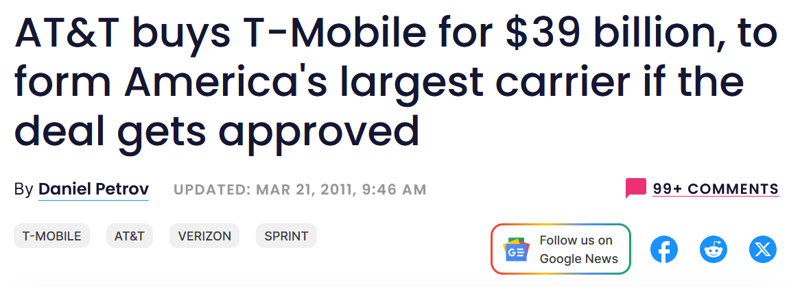 در مارس 2011 AT&T پیشنهاد خرید T-Mobile را با 39 میلیارد دلار داد. | Image Credit-Phonearena-آیا داستان پارچه های T-Mobile به عنوان یک سفر دور به پایان می رسد؟