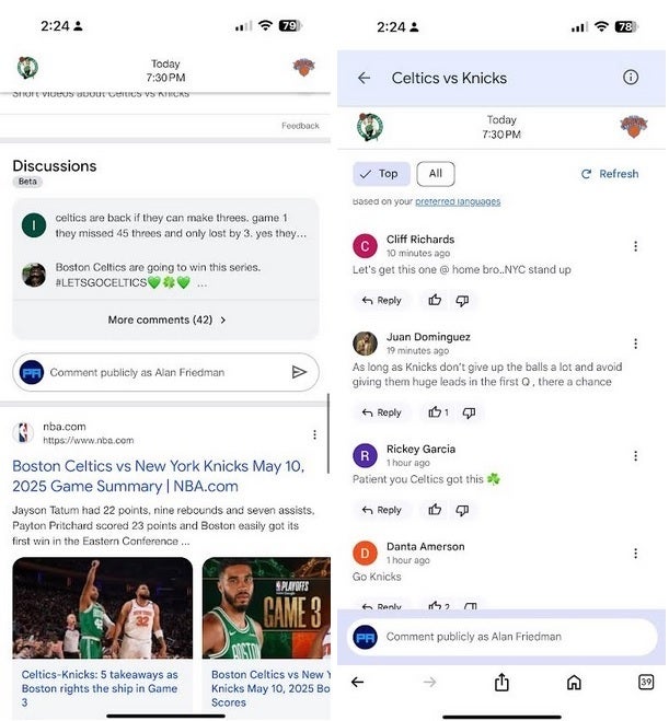 در مورد سری Knicks-Celtics در Google Search بحث کنید. | تصویر اعتبار -phonearena - تست Google ویژگی جدید که برنامه جستجو را به Reddit تبدیل می کند
